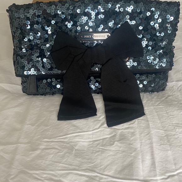 Juicy Couture Regal Black Blue Indigo Sequin Clutch Purse with Bow - Picture 2 of 5